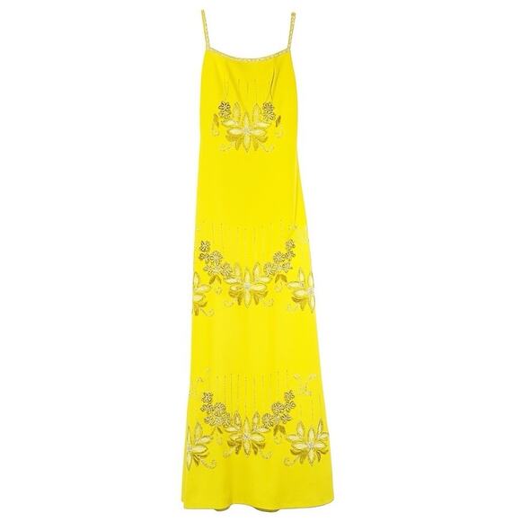 Vintage 60s 70s Yellow Beaded Sequin Dress Gown Handmade Retro Party Size S - Picture 1 of 15